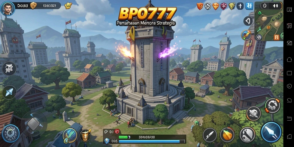 Gameplay seru BPO777 dengan menara dan musuh yang beragam.