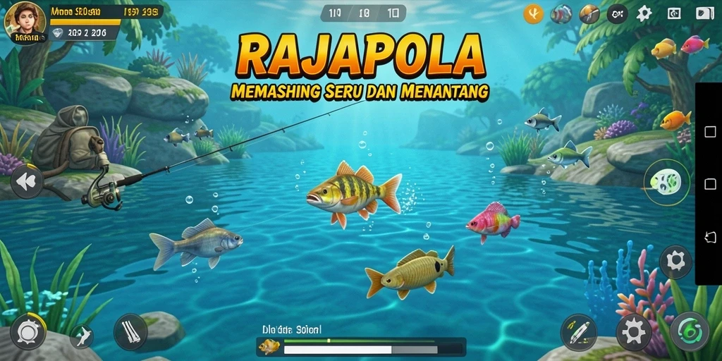Tampilan gameplay RAJAPOLA dengan aksi memancing yang seru dan menarik.