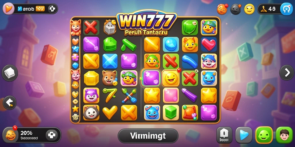 Tampilan gameplay <strong>WIN777</strong> dengan elemen Match-3 yang cerah dan penuh warna.