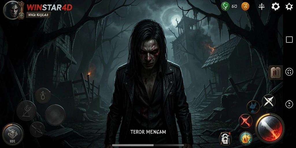 Tampilan gameplay <strong>WINSTAR4D</strong> yang menegangkan dan menyeramkan.